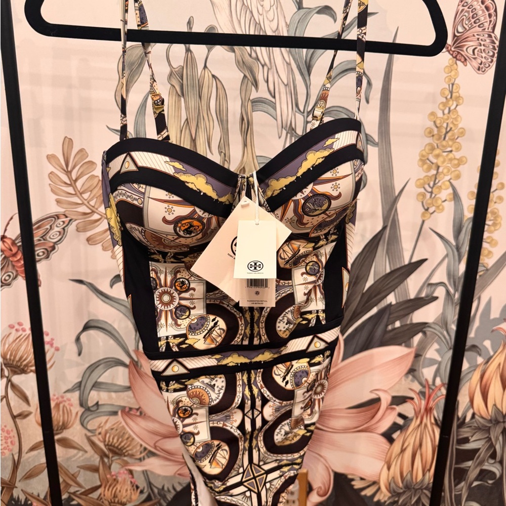 Tory Burch Black and Gold Patterned One-Piece Swimsuit